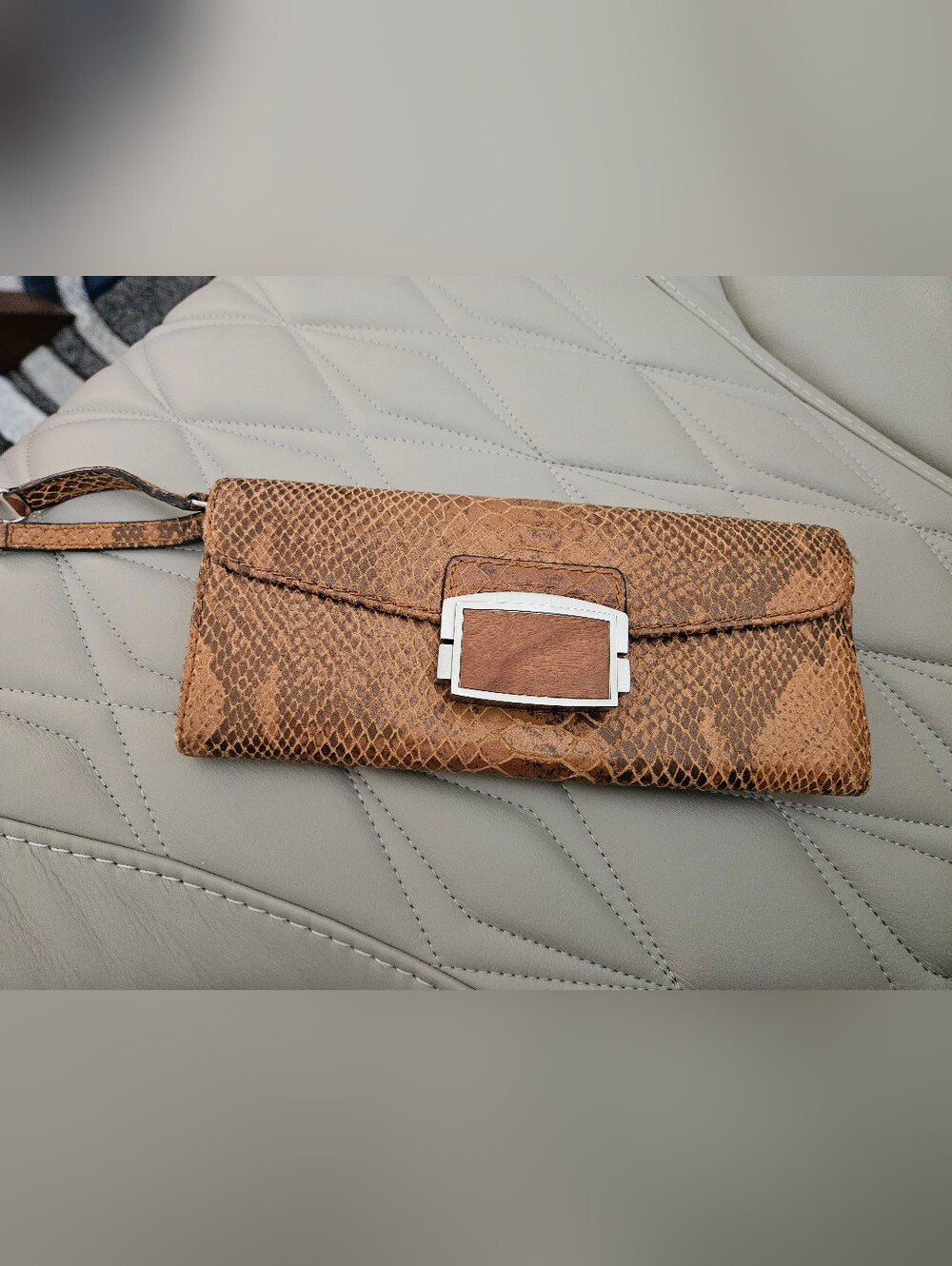 Calvin Klein Brown Snakeskin-Print Wristlet Clutch